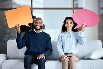 Image showing Marriage counseling, therapy or speech bubble with a black couple on a sofa in a psychologist office for talking. Portrait, communication or psychology with man and woman holding blank feedback space