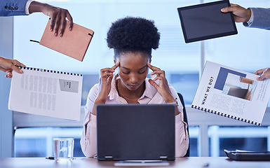 Image showing Headache, stress and business woman in hands of group for multitasking, workload or chaos in office. Overwhelmed, burnout and corporate employee suffering pressure with team, compliance or report