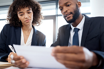 Image showing Documents, finance and business black people or clients accounting strategy, planning and company budget review. Teamwork, analysis of financial advisor or employee talking to partner of investment