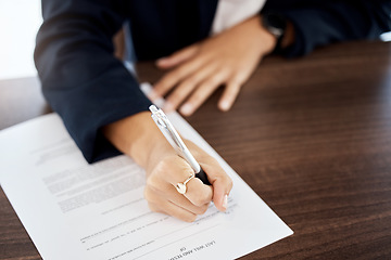 Image showing Closeup, business and woman with pen, hands and contract for application, document and employee. Zoom, female and lady singing, planning and last will with entrepreneur, paperwork and startup company