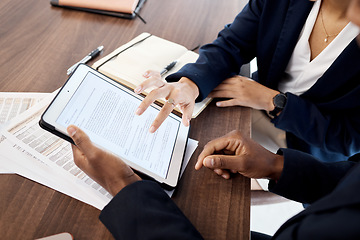 Image showing Corporate, employees and hands with tablet, paperwork and check documents, online reading and confirm details. Business, zoom and closeup of coworkers, digital contract and forms for startup company