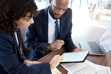 Image showing Corporate, black man and woman with tablet, documents and planning for new project, deadline and check paperwork together. Business, female employee and male manager with device, talking and forms