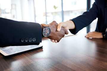 Image showing Handshake, deal and business people meeting for an interview, partnership and consultation. Thank you, support and employees shaking hands for a contract, welcome and agreement during recruitment