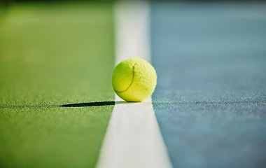 Image showing Tennis ball, court and green texture of line between grass and turf game with no people. Sports, empty sport training ground and object zoom for workout, exercise and fitness for a match outdoor