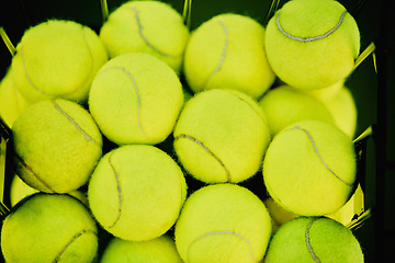 Image showing Tennis, sport balls and zoom of a ball basket for fitness, exercise and workout for sports game. Above, no people and texture of sport training object for health, match wellness and competition