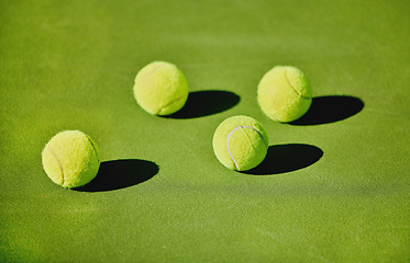 Image showing Ball, tennis and outdoor court for a game, fitness and training for sports at a stadium. Shadow, start and equipment for a sport on the ground in a pattern for action, cardio and competition