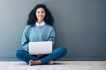 Image showing Laptop, happy and smile with black woman on floor with mockup for social media, news or designer. Website, online shopping and technology with girl customer for communication, internet or advertising