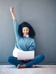 Image showing Wow, happy and woman with news on a laptop, email success and excited about a notification. Smile, celebration and employee with a surprise on the internet, communication and announcement on a pc