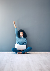 Image showing Wow, celebrate and woman reading on a laptop, email success and excited about a notification. Happy, celebration and employee with a surprise on the internet, communication and announcement on a pc