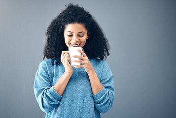 Image showing Coffee cup and black woman isolated on wall background for ideas, thinking and creative inspiration on studio mockup. Young woman, student or person from USA with tea, drink or mug on mock up space