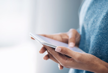 Image showing Hands, phone and woman texting on mockup for internet, search or social media on blurred background. Online, communication and girl searching on smartphone, website or app or reading isolated closeup