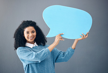 Image showing Portrait, black woman and speech bubble in studio on news, mockup or advertising on grey background. Social media banner, poster or sign on product placement, isolated on blank billboard copy space
