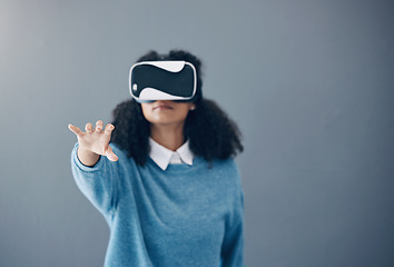 Image showing Woman, hand and virtual reality glasses for metaverse with mockup space and 3d game in studio. Gamer person vr headset in digital world, futuristic gaming and ar tech ux experience on grey background