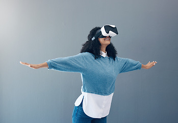 Image showing Woman, virtual reality glasses and metaverse with mockup space and hands for 3d flying game in studio. Gamer person vr headset for digital experience, futuristic gaming and ar tech on grey background