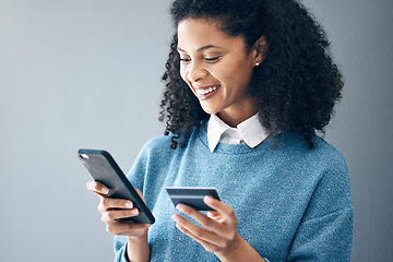 Image showing Online shopping, credit card and woman with phone in studio for advertising on grey background. Ecommerce, banking and finance payment with app, transfer or savings on mockup or isolated copy space