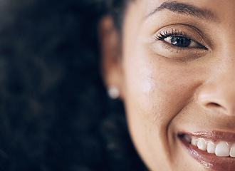 Image showing Closeup, black woman and cosmetics with portrait, natural beauty or dermatology with confident lady. Zoom, African American female or lady with happiness, makeup or morning routine for skin treatment