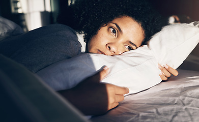 Image showing Anxiety, depression and sad woman tired in bed with insomnia, thinking and trying to sleep while sick. Morning, sunrise and depressed girl with stress, mental health problem and fatigue in bedroom