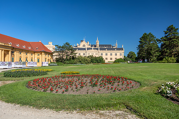 Image showing Lednice Chateau with beautiful gardens and parks on sunny summer day