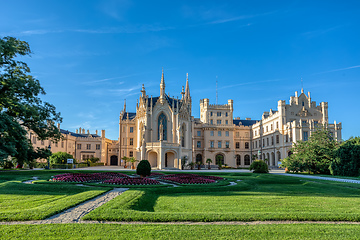 Image showing Lednice Chateau with beautiful gardens and parks on sunny summer day