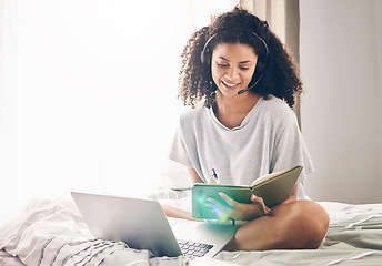 Image showing Black woman, laptop and writing notes on bed in remote work for consulting, telemarketing or sales at home. Happy African American female freelancer agent with headset and computer working in bedroom