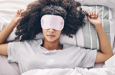 Image showing Sleep, relax and black woman in bed with eye mask, dream and rejuvenate body and mind in apartment or hotel. Dreaming, rest and relaxation, tired girl sleeping late on weekend morning in cozy bedroom