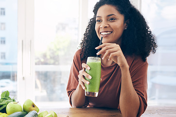 Image showing Thinking, mockup and smoothie with a black woman drinking a health beverage for a weight loss diet or nutrition. Idea, mock up and drink with a healthy young female enjoying a fruit beverage