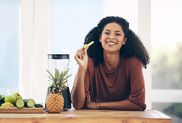 Image showing Fruit, smoothie and portrait of black woman with a blender in the kitchen for breakfast, detox and diet. Face, nutritionist and lady with fresh, weight loss and healthy, raw and ingredients on mockup