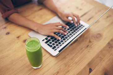 Image showing Hands, laptop and nutritionist blog by woman typing, post or review on healthy living at home. Social media, health and influencer hand of girl writing online weight loss, wellness or smoothie recipe