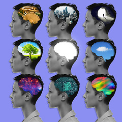 Image showing Creative thinking, brain and profile of woman on blue background with ideas, inspiration and innovation. Digital art, psychology and grid of girl for intelligence, brainstorming and knowledge mind