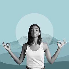 Image showing Zen, meditation and woman on poster, mountain on blue background and lotus pose in balance. Art, yoga advertising and creative collage design for health, wellness and calm, spiritual lifestyle studio