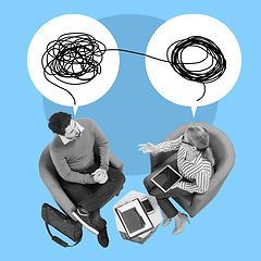 Image showing Top view, business and employees with speech bubbles, confusion and discussion on blue studio background. Corporate, man and woman with disagreement, negotiation and planning for new project schedule