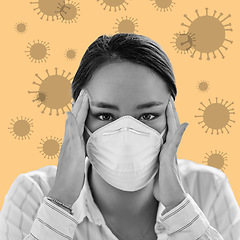 Image showing Covid, sick and portrait of a woman with a wallpaper isolated on a studio background. Anxiety, stress and face of an Asian girl with a mask for a virus, regulations and overwhelmed on a backdrop