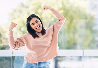 Image showing Yes, winner and Indian woman with winning, success and bonus arms or fist pump for excited news. Celebration, freedom and dance of a happy young person dancing for opportunity, achievement or results