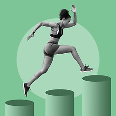 Image showing Digital, running and woman with steps for fitness, exercise growth and progress on a background. Energy, training and athlete runner with power for a sports race, jumping and practice cardio