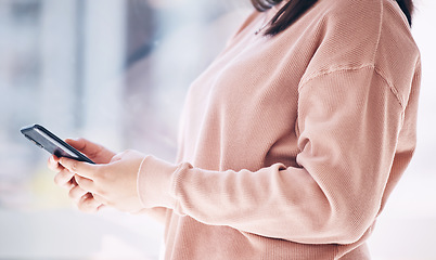 Image showing Social media, chat and hands of an employee with a phone for communication, email and internet. Contact, typing and woman with connection to the web on a mobile for an app, conversation and message