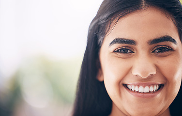 Image showing Smile, happy and portrait of a beautiful woman with mockup space, success and vision at a company. Business, work and face of an Indian employee at a corporate agency with happiness and excited