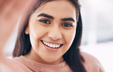 Image showing Selfie, happy and portrait of woman with smile for positive, optimistic and good confident mindset. Happiness, beauty and excited face of young female from Puerto Rico taking picture for social media