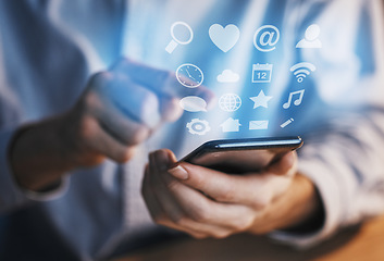 Image showing Hologram, menu and hands of a businessman with a phone for connection, social media and email. Digital, network and interface screen of an employee holding a mobile for communication, contact and web