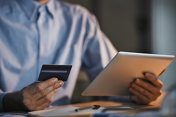 Image showing Online shopping, bank and hands with credit card and tablet in office for virtual purchase, payment and sale. Ecommerce, technology and man with digital tech for internet banking, budget and cash app