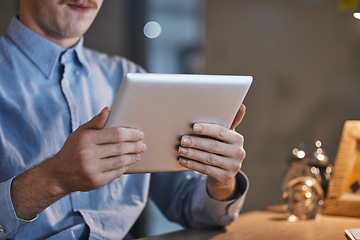 Image showing Hands, tablet and office with businessman in night for web design, planning and development of app. Developer, mobile touchscreen and innovation for software, website ux and dark blurred background