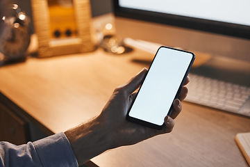 Image showing Phone screen, mockup and office hands working at night on mobile app, ux design or space for product placement. Website, social media and online business person on smartphone technology mock up