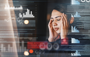 Image showing Stats, digital and woman with a headache and computer while working in investment at night. Stress, burnout and stock market employee tired and frustrated with data problem on a pc during overtime