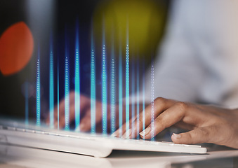 Image showing Hands, computer keyboard and business woman overlay while typing at night for information technology. Person online for trading database, cybersecurity or futuristic ai for data analysis or trading