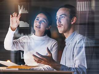 Image showing Code, overlay and man with woman, hologram and futuristic data analysis, discussion and cloud computing. Coding, coworkers and employees with holograph, conversation and cyber security in workplace
