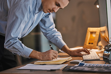 Image showing Business man, writing and data with keyboard, analytics and IT code, work overtime for deadline and notebook. Working night, email and programming, checklist with digital notes and software update