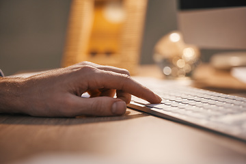 Image showing Hands, keyboard and typing at night for digital planning, strategy or online research at office desk. Closeup hand of person or employee working overtime on computer at desktop for project deadline