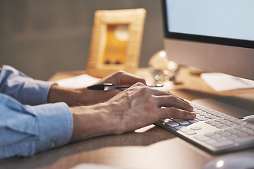 Image showing Night, closeup and hands with keyboard, business and man typing, connection and digital planning for sales growth. Overtime, zoom and male employee with computer, online reading and email for project