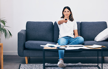 Image showing Woman watching tv, remote control and relax, taking break from studying, student at home and streaming movie. Portrait, television and entertainment with leisure, relaxing after study and freedom