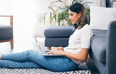 Image showing Entrepreneur, woman on floor and laptop in living room, typing and connection for social media, break and relax. Business owner, female and girl with device, digital planning or in lounge for comfort