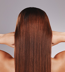 Image showing Hair care, keratin and back of a woman for a salon isolated on a grey studio background. Beauty, strong and girl showing growth, shine and clean straight hairstyle from shampoo on a backdrop